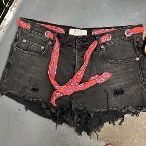 Free People Black Jean Shorts with Red Paisley Belt